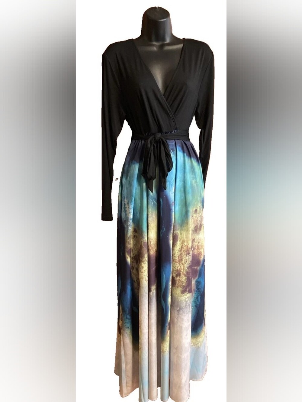 NWT Black & Blue Tie-Dye Maxi Dress - Elegant V-Neck With Self Sash Belt Size XL
